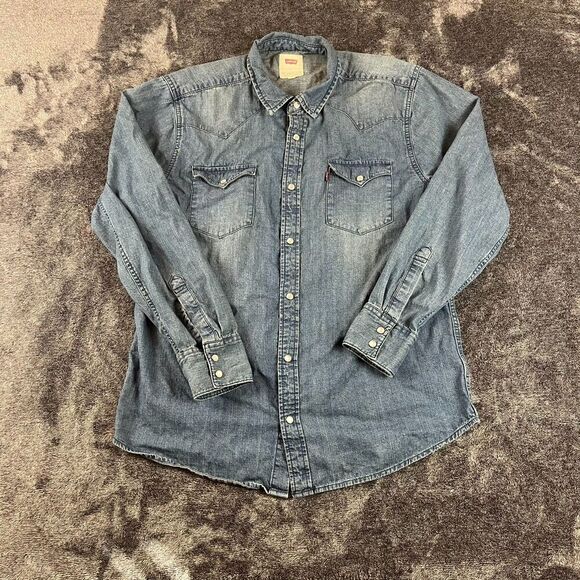 Levi's Blue Denim Pearl Snap Western Button Up Men's L Medium Blue Wash - Picture 1 of 12
